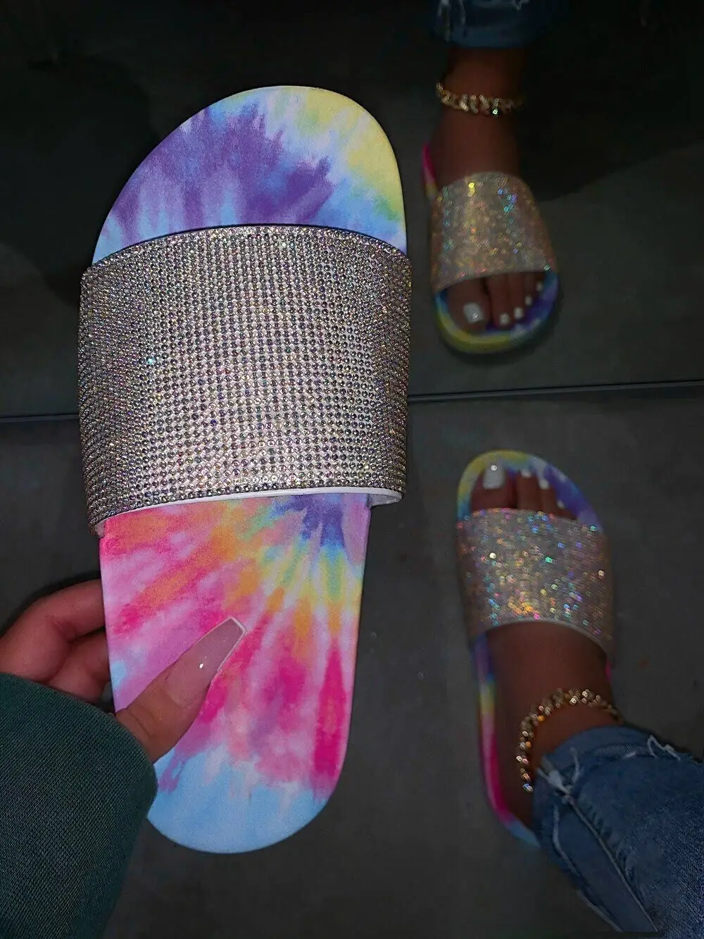 

2020 spring comfortable wild large size ladies starry sky flat rhinestones wild slippers wholesale