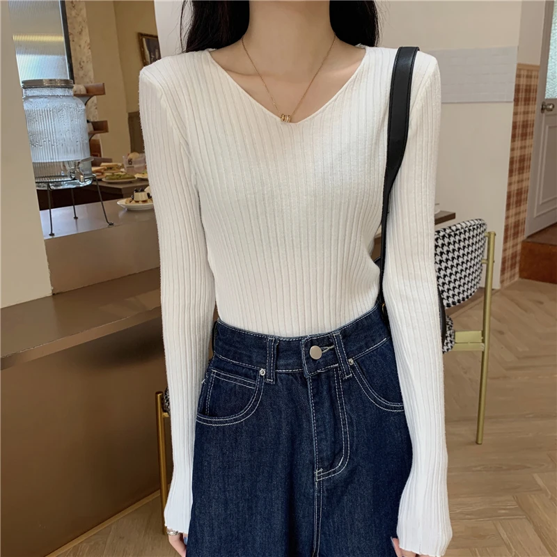 Женский трикотажный свитер с V-образным вырезом Зимний пуловер