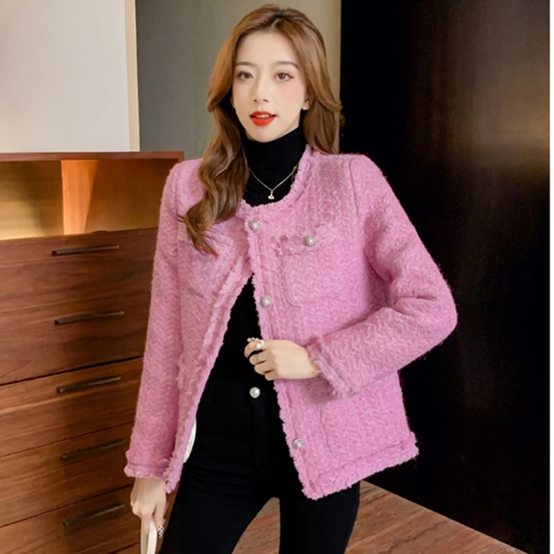 

Pearls Button Woolen Jacket Woman Winter Single Breasted Pocket Elegant Tweed Cropped Coat Korean Business Office Outerfit Fall