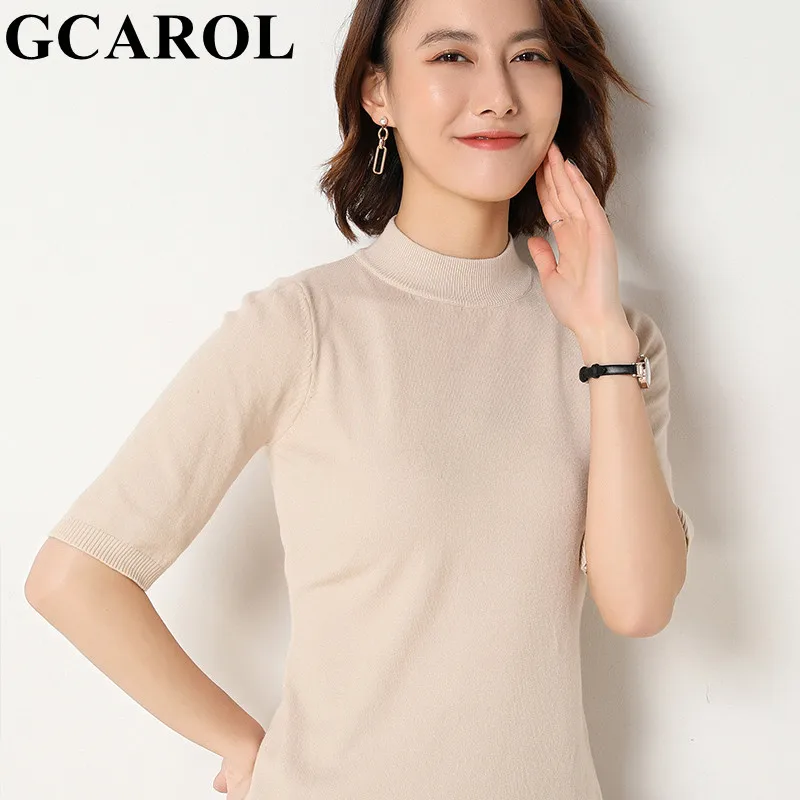 Женская тонкая футболка GCAROL из 30% шерсти на весну и лето с воротником-стойкой