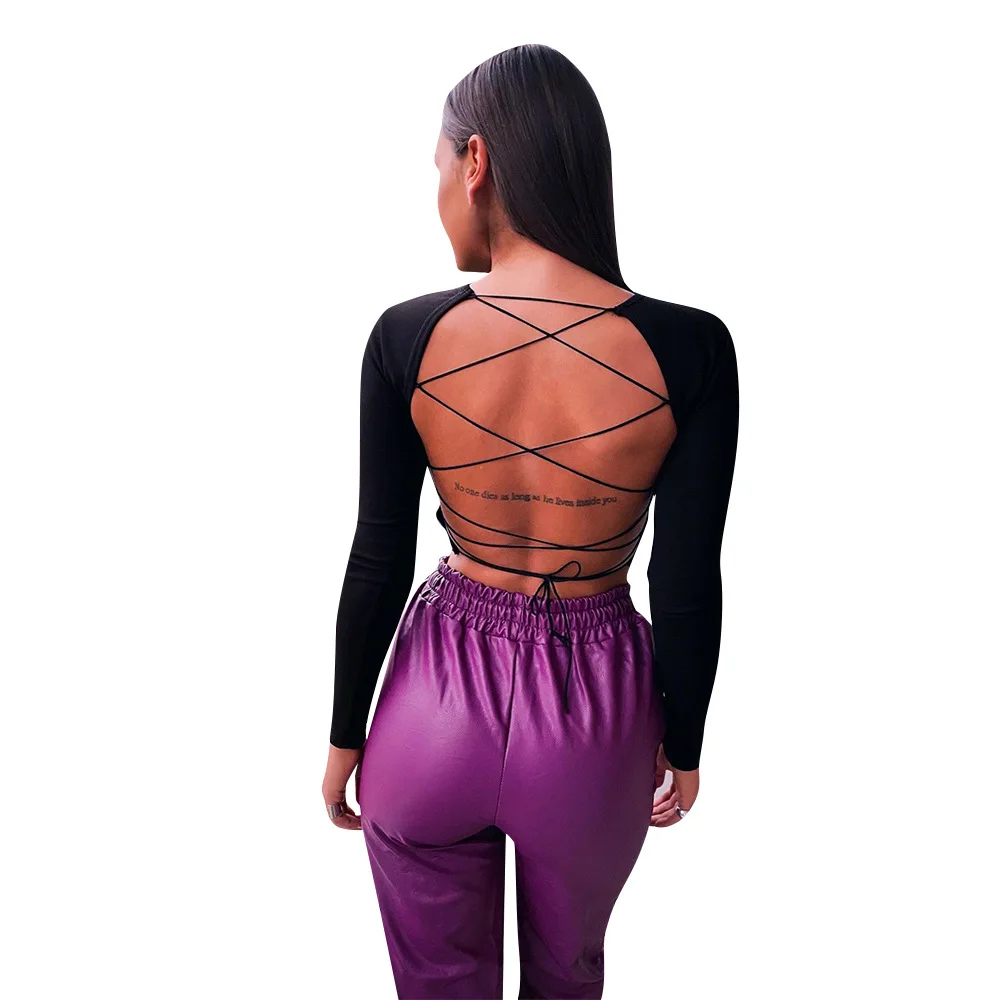 Женские футболки сексуальный тонкий Топ открытая спина галстук длинный рукав