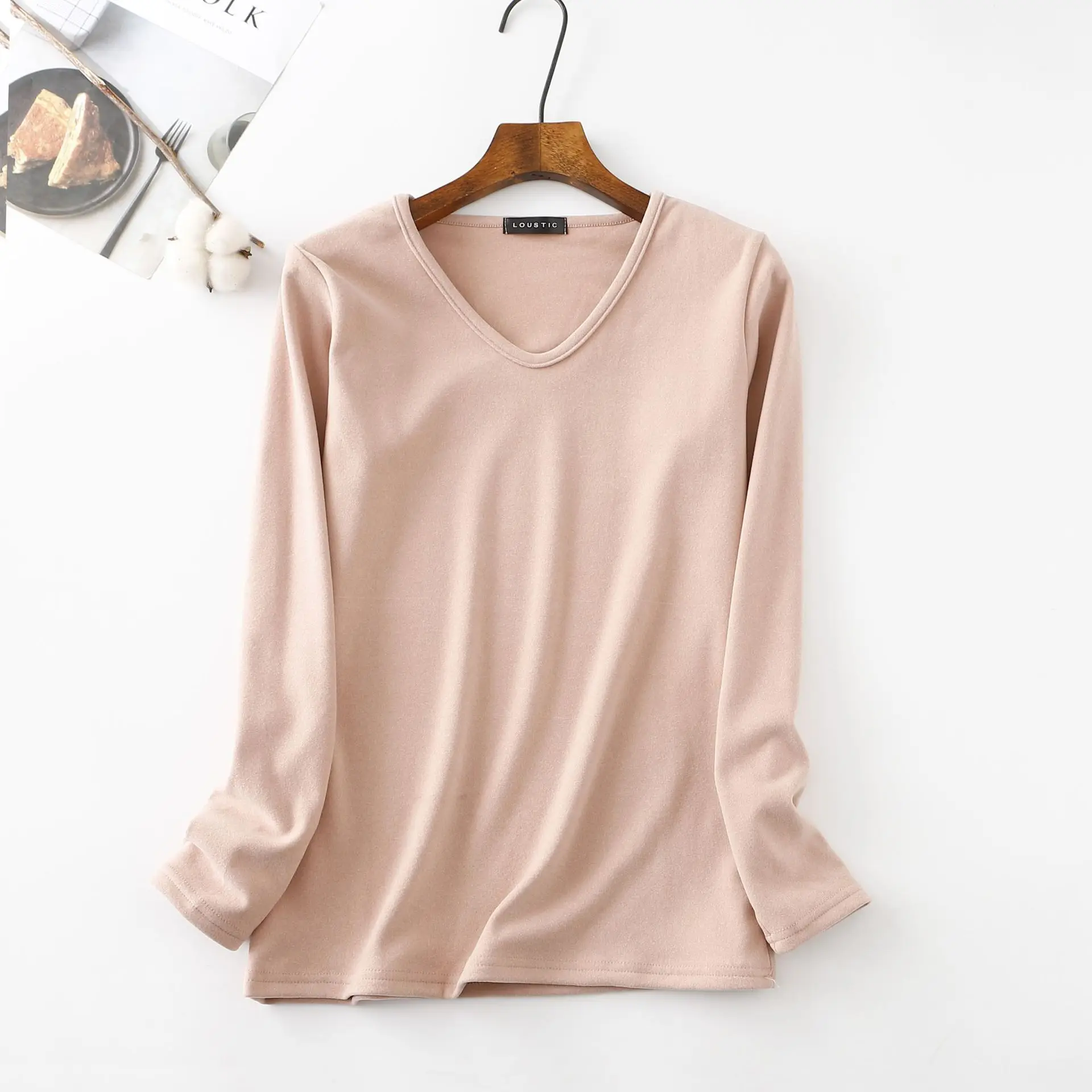 Женская теплая зимняя кашемировая футболка с V образным вырезом и длинным