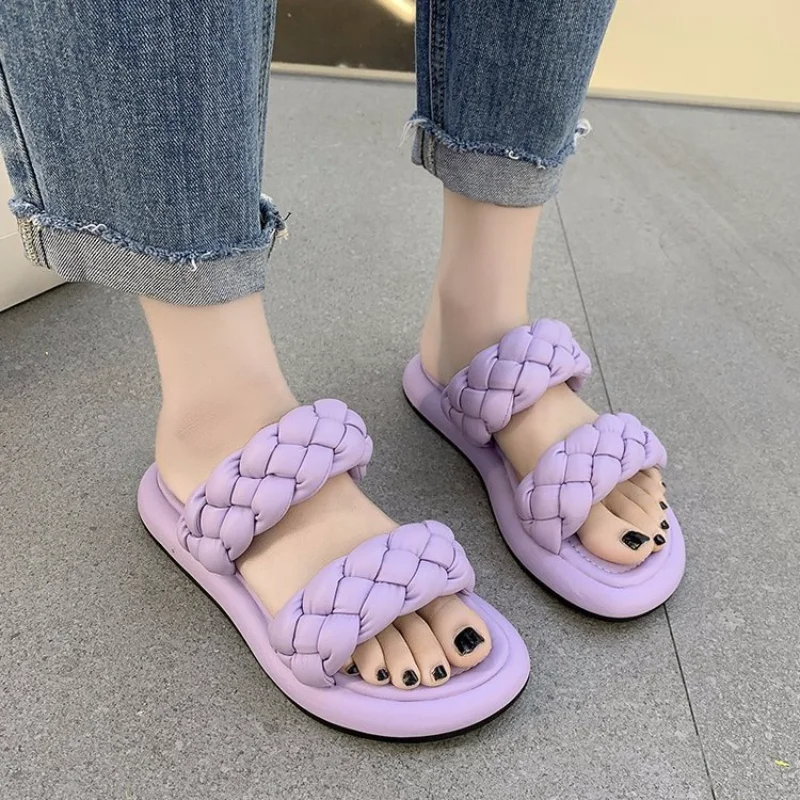 

2021 Women New Summer Slipper Brand Weave Ladies Sandal Shoes Low Open Toe Flat Casual Slides Beach Shoes zapatos de mujer
