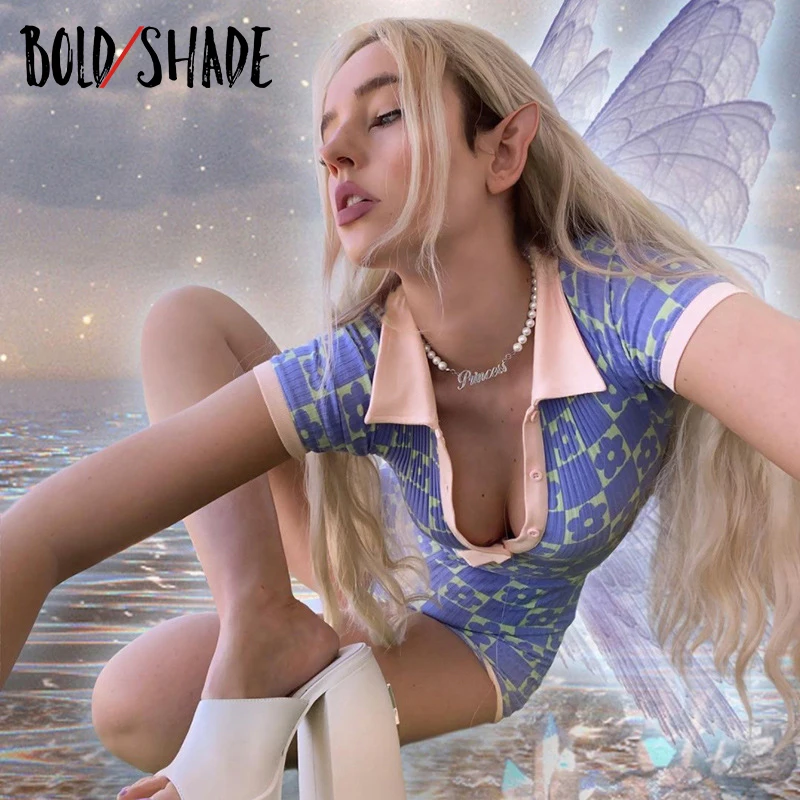 

Bold Shade Y2K Soft Girl Style Playsuit Floral Print Patchwork Bodycon Button Up Sexy Women Jumpsuits Indie Harajuku Fashion Hot