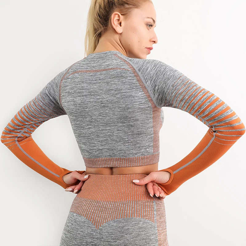 

Push Seamless Women Yoga Shirts Striped Sport Long-Sleeved Stretch Crop Top Training Running Active Yoga Gym Clothes Sportswear