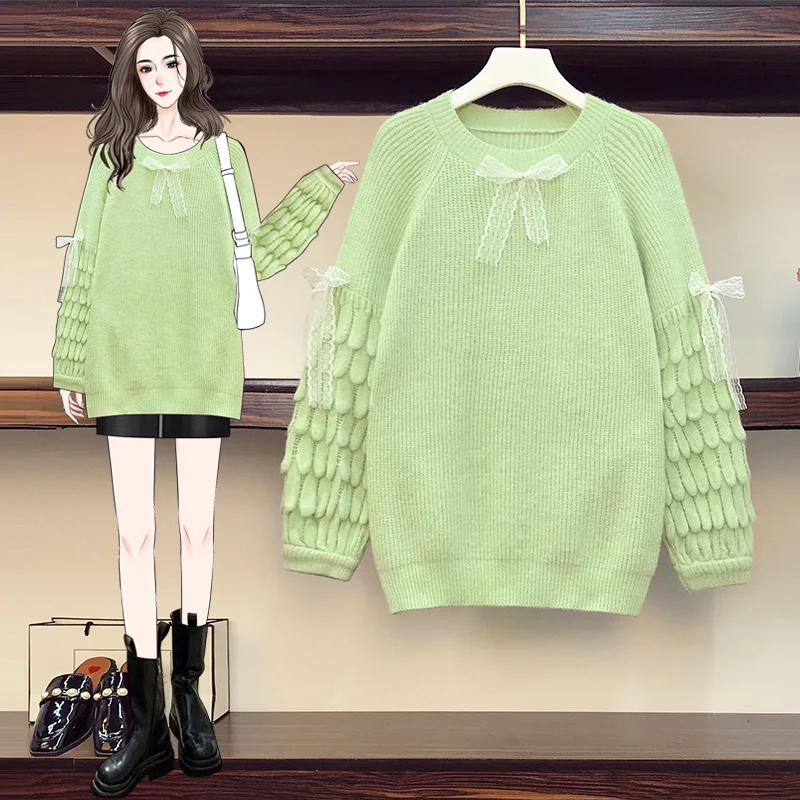 

Green White Bow Plus Large Size Oversize Korean Style Fashion Pullovers For Autumn Women'S Clothing Ladies Sweater 2021 Tops