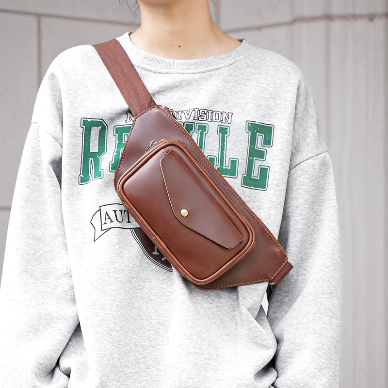 

New Retro Crazy Horse Leather Men Fanny Pack Flop Pocket Waist Belt Bag Outdoor Sport Shoulder Chest Bag Phone Key Storage Bag