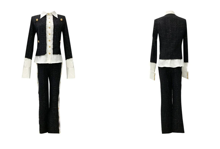 Высокое качество Женский комплект 2 шт. твидовый пиджак и длинные брюки костюмы