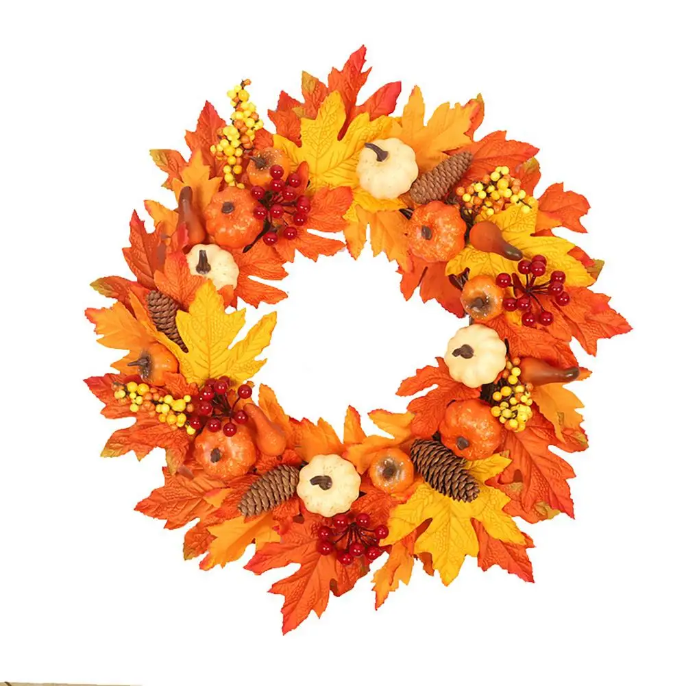 

Simulation Pumpkin Pine Cone Autumn Decoration Wreath White Maple Leaf Vine Circle Wall Hanging For Thanksgiving Halloween