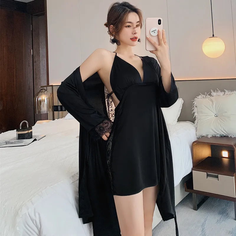 

Женский халат с вырезами и открытой спиной, комплект из 2 предметов, халат для невесты, халат, ночнушка из искусственного шелка, пикантный ночной комплект, рубашка для сна, летняя Свободная Домашняя одежда