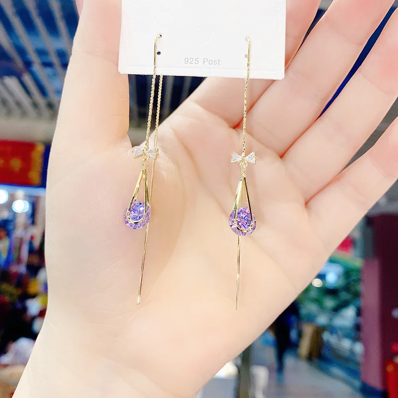 

Viwisfy Gold Color Long Chain Bow Purple Crystal Fashion Women Luxury Drop Earrings For Girl VW21400