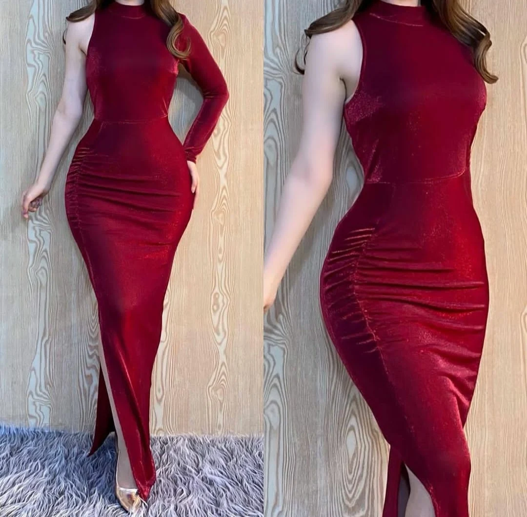

High Neck Mermaid Burgundy Velvet Evening Dresses Long Sleeved Elegant Zipper Back Abendkleider Robes De Soirée for Women