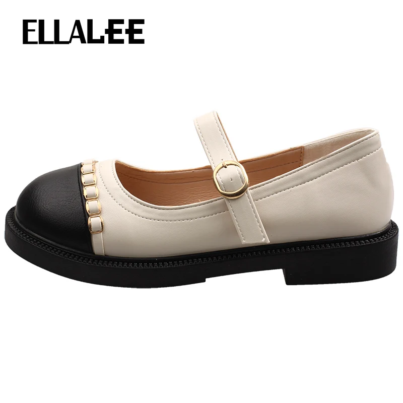 

ELLALEE Office Ladies Loafers Multicolor Shallow Round Toe Female Shoes Buckle Handmade British Style Casual Woman Pumps