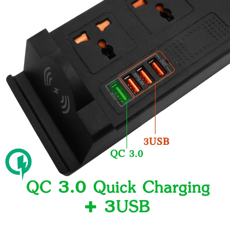 Умный удлинитель с беспроводным зарядным устройством 2USB + быстрая зарядка QC 3