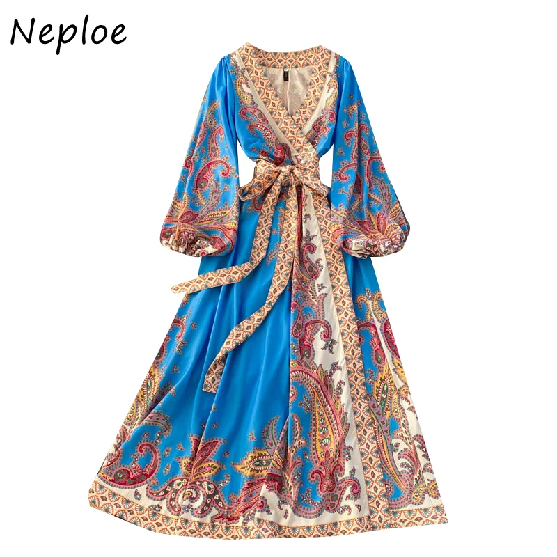 

Vintage Print Holiday Bohemian Dress Women High Waist Hip Sashes A Line Long Vestidos V Neck Long Sleeve Robe Slim