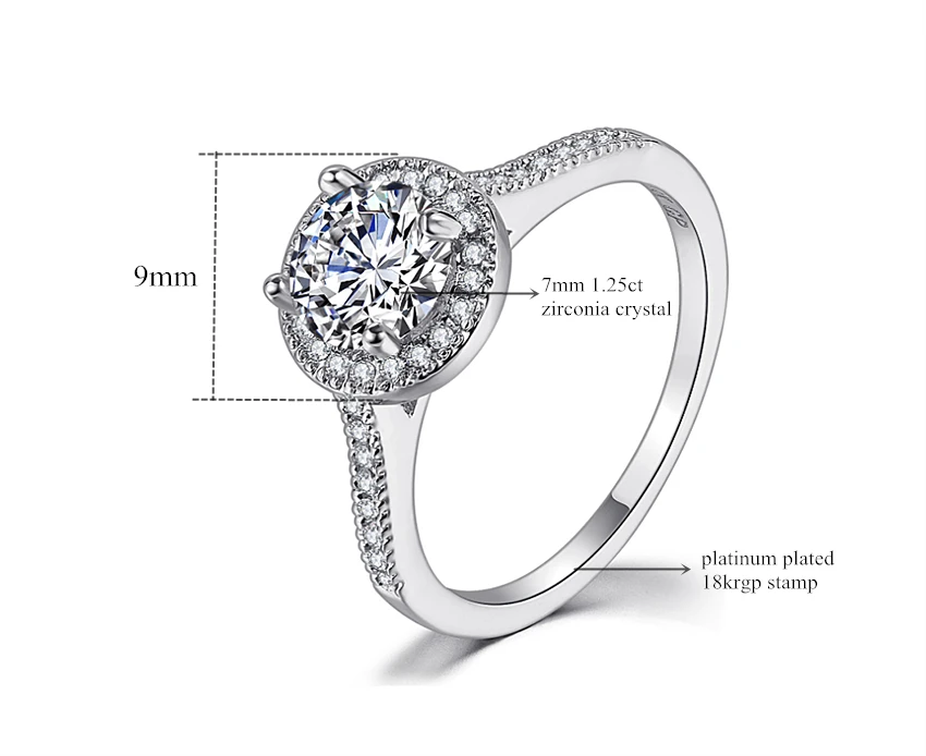 Высокое качество супер 3.5ct обручальные Серебряные Кольца цвет 10 мм сверкающий прозрачный кубический цирконий Кристалл Женское Обручальное кольцо