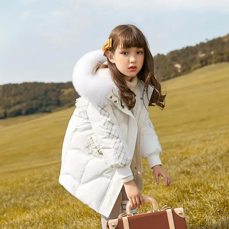 

Winter Children Mid Length Down Jackets For 5 - 14 Years Girls Outdoor Thicken Warm Hooded Snowsuit Daily Wear Windproof Coats