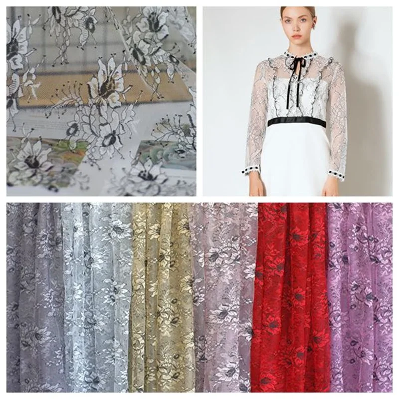 

High-Quality Two-Color Embroidered Mesh Lace Fabric Formal Dress Making Lace With Black Cording