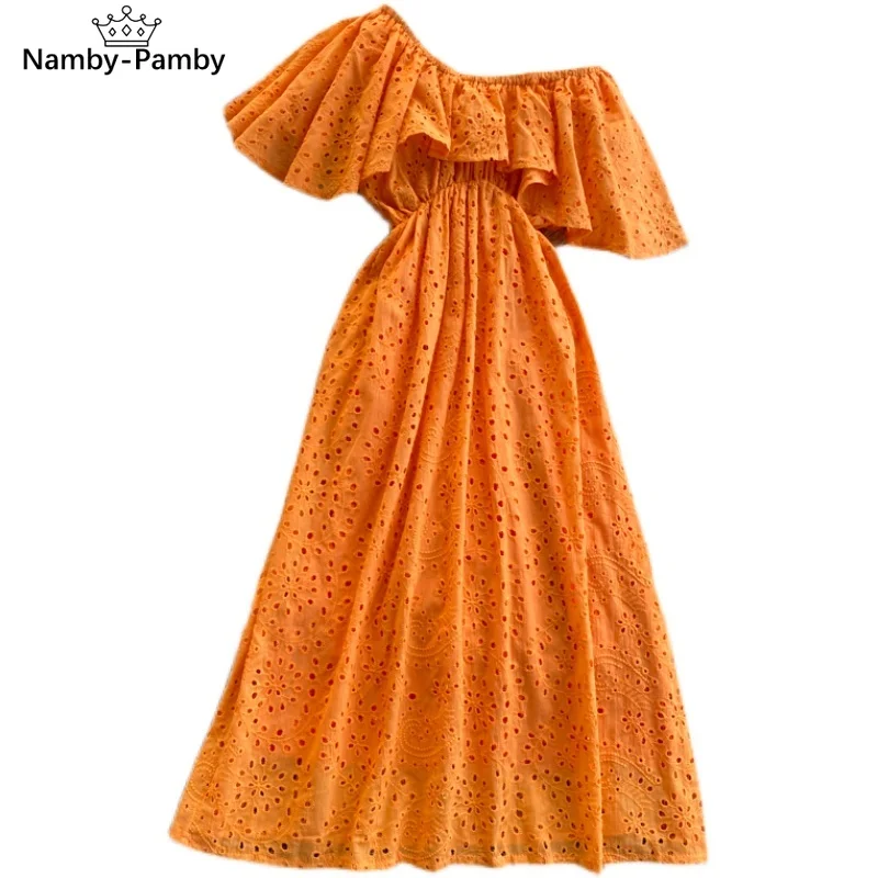 

European American Retro Vestidos Women's Oblique Collar One-shoulder Ruffled High-waisted Slim Slimming Hollow Midi Dress C711