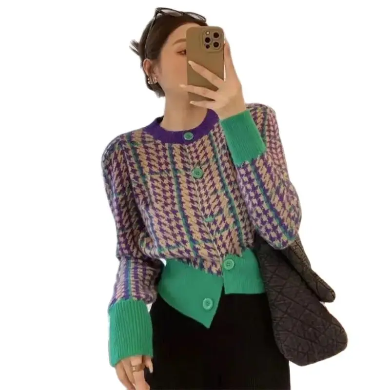 

Весенне-осенний Новый контрастный свитер из твида, кардиган, Женская зимняя новая корейская модная вязаная универсальная блузка, тренд M441