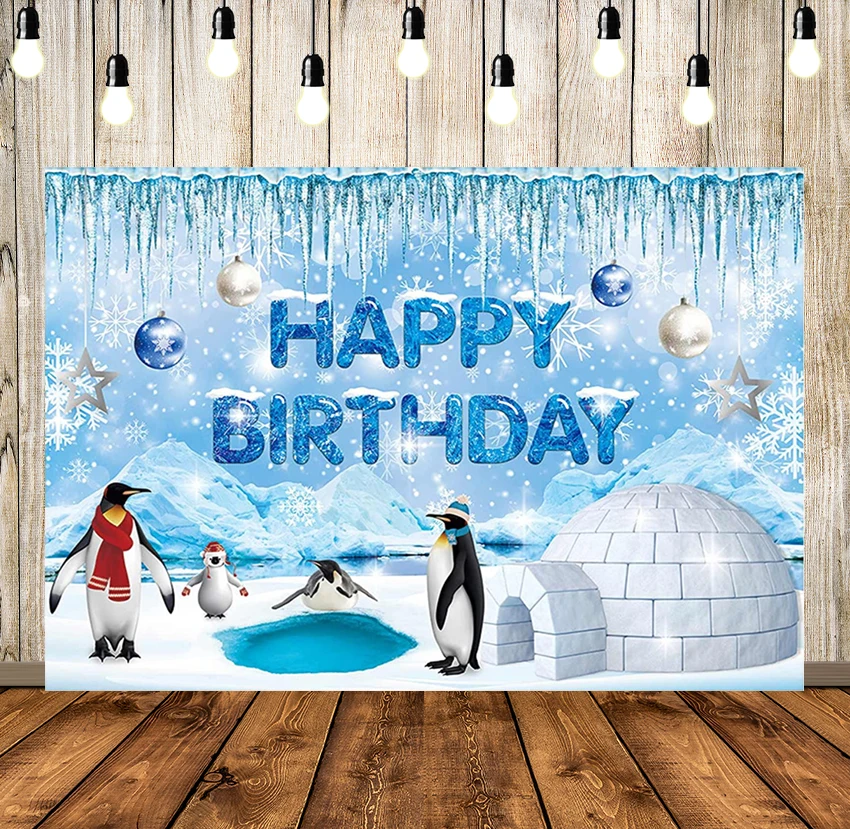 

Winter Penguin Happy Birthday Backdrop Ice Theme Snowflake Blue Photo Background Party Decoration Cake Table Banner Photo Booth