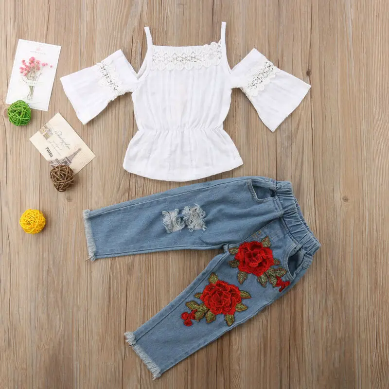 

Girl Clothes 2pcs Floral Toddler Kids Baby Girls Clothes Outfits 2019 Casual Lace T-shirt Tops +Hole Rose Jeans Denim Pants Set