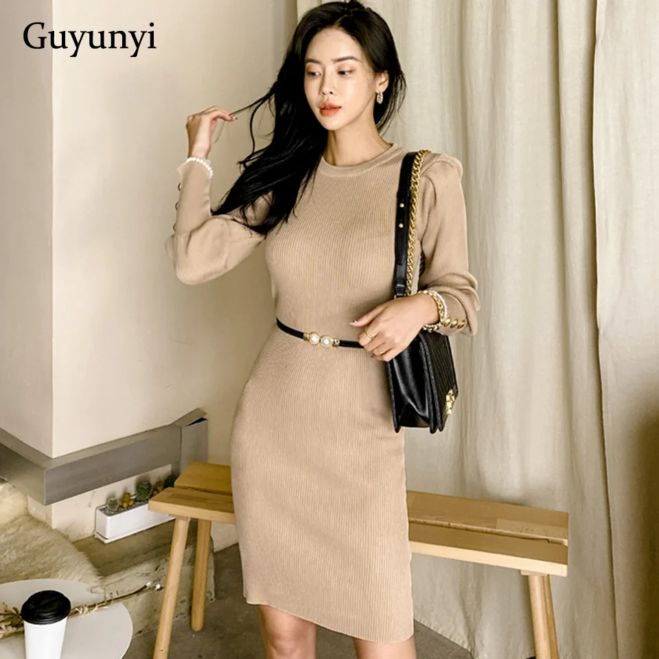 

Warm Pullover Sweater Dress 2022 Spring Slim Tight Elastic Knit Puff Sleeves Decorative Buttons Elegant Office Pencil Dress