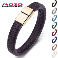 fashion punk men jewelry brown braided leather bracelet gold stainless steel magnetic clasp fashion women bangles