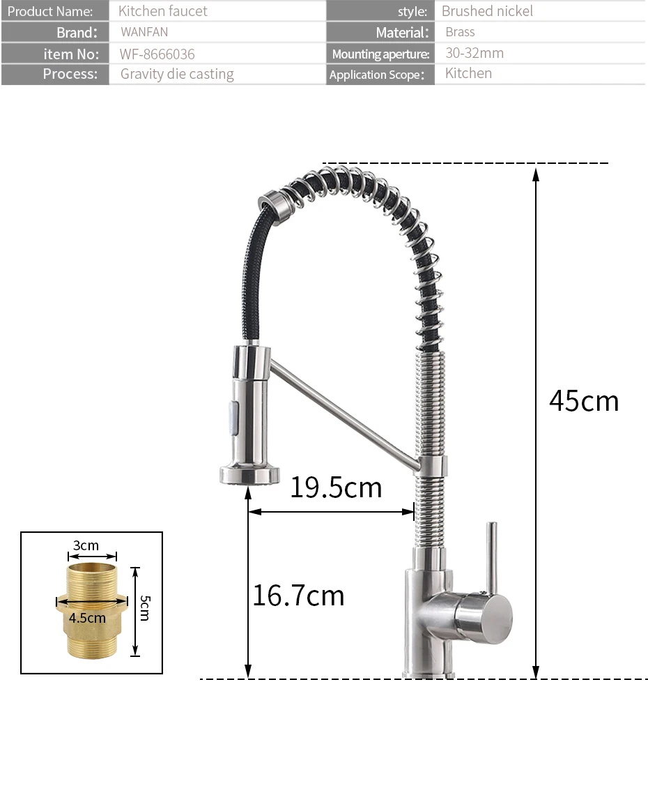 H2e7343cd11fa4f738f318c660da42ccdY Kitchen Faucets Brush Brass Faucets for Kitchen Sink Single Lever Pull Out Spring Spout Mixers Tap Hot Cold Water Crane 9009