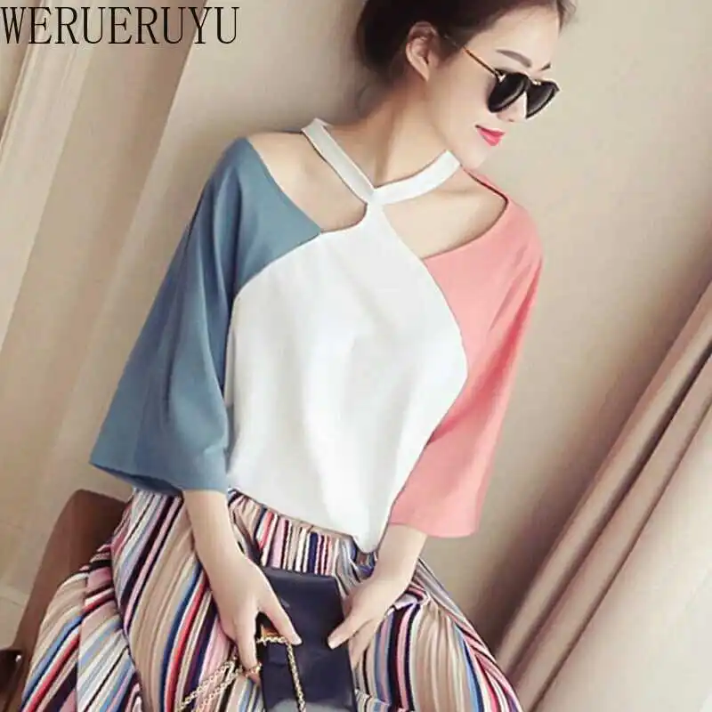 

Korean Tops Seven Sleeve Halter Female Harajuku T-shirt Spring Summer Casual Aesthetic Clothes Women Kawaii T-shirt Clothing