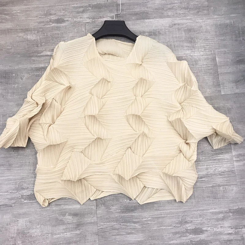 apricot Changpleat летние новые женские свободные футболки Топы Miyak плиссированные модные однотонные 3/4 рукав Большие размеры женская футболка Tide T9880 - Цвет: apricot