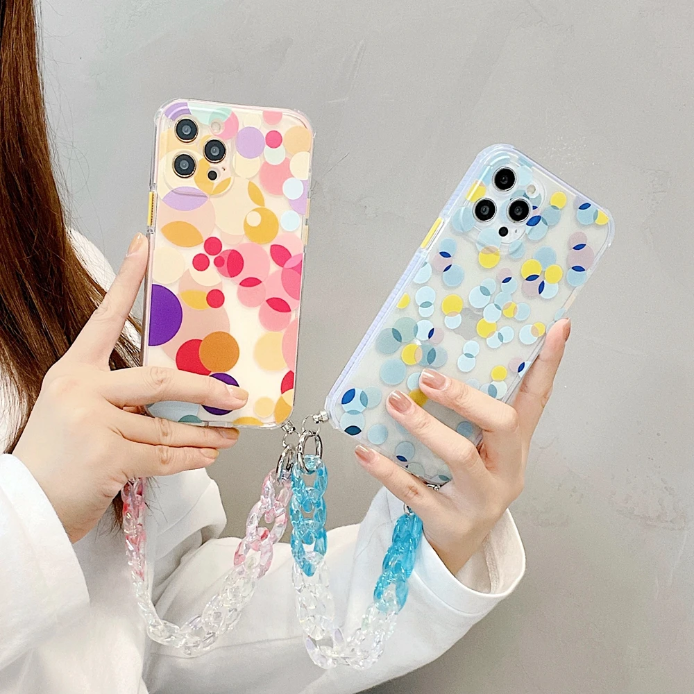 

Transparent Dot Graffiti Bracelet Phone Cases for iphone 12 mini 11 pro max X XS XR 7 8 Plus SE 2 Colorful Chain Soft Back Cover
