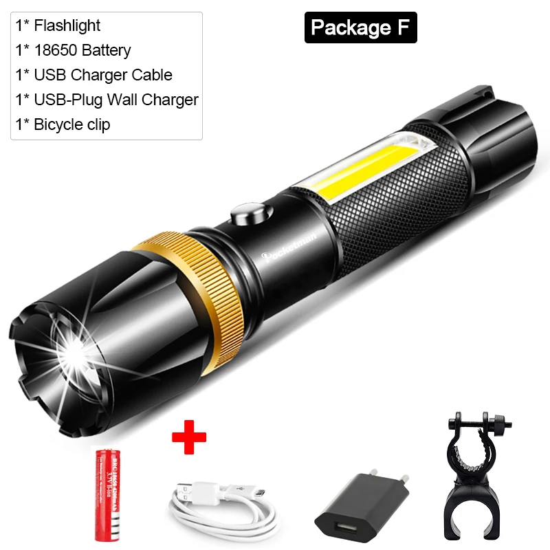 Package F Мощный светодиодный фонарь L2/T6 COB Светодиодный фонарь с подзарядкой от USB, водонепроницаемый фонарь с usb-кабелем, аккумулятор 18650 - Испускаемый цвет: Package F