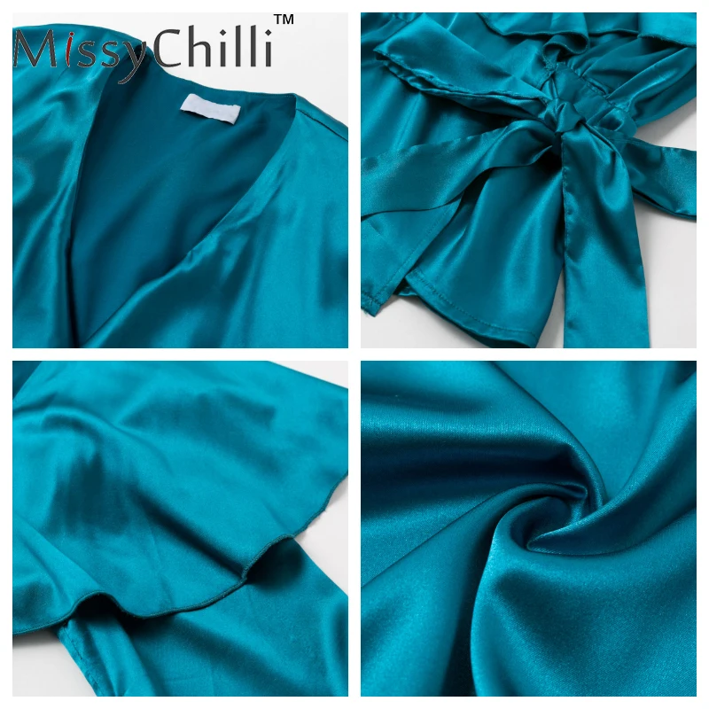 MissyChilli атласная синяя бандажная блузка с рюшами рубашка женская длинным рукавом