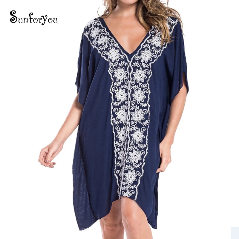 Хлопковый купальник с вышивкой Cover up пляжная туника плавание Пляжная накидка для