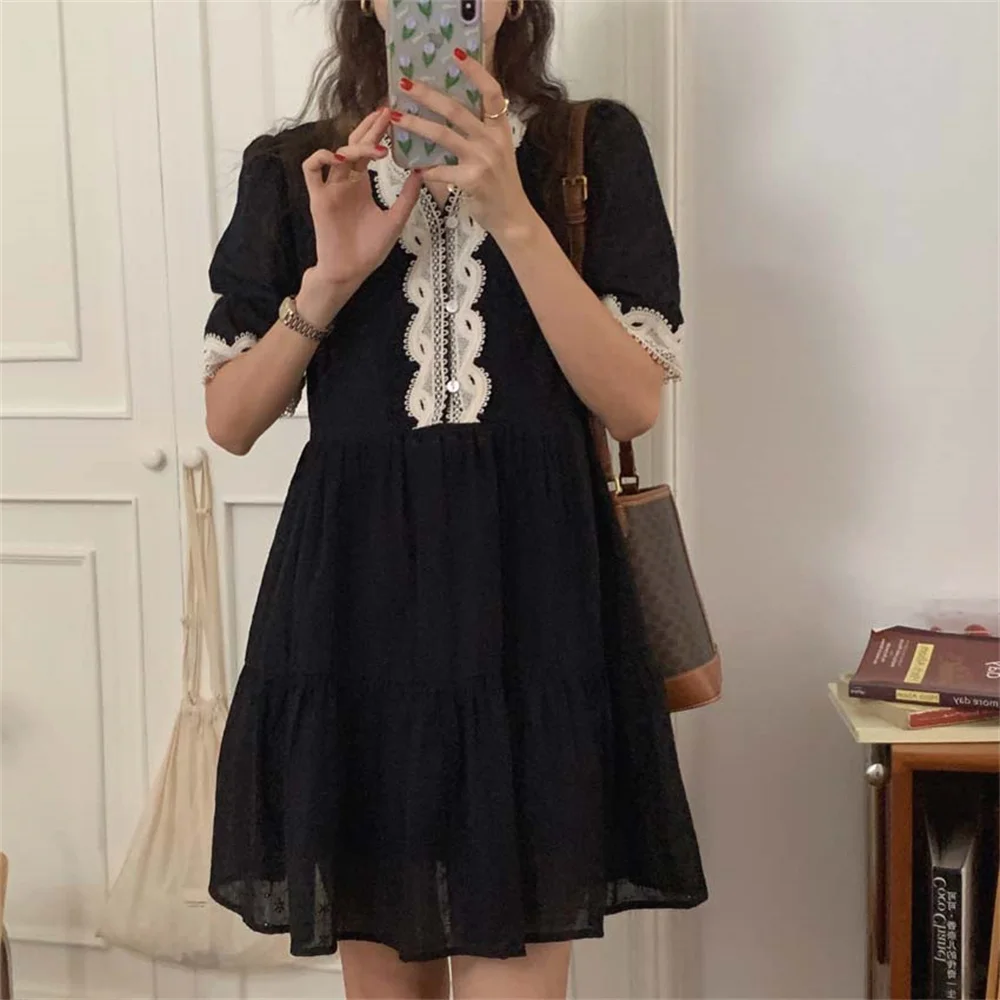 

2021 Black Retro Mini Dress Patchwork Lace V-Neck Sexy Slim A-Line Summer High Waist Sweet Mujer Robe Prom Vestidos