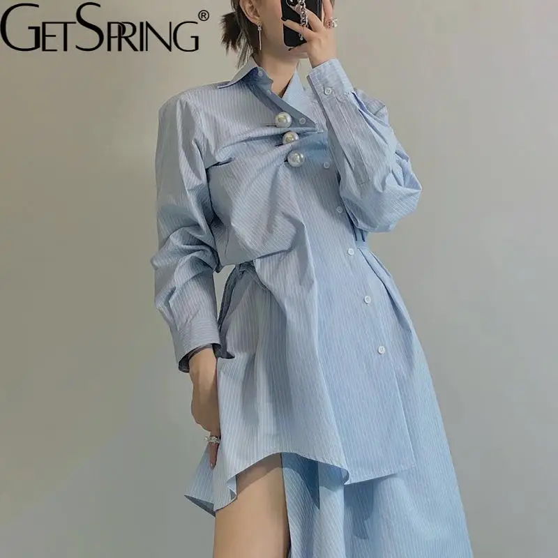 

GetSpring женское платье, синие полосатые платья-рубашки, темпераментные Асимметричные Свободные повседневные Асимметричные осенние платья со...