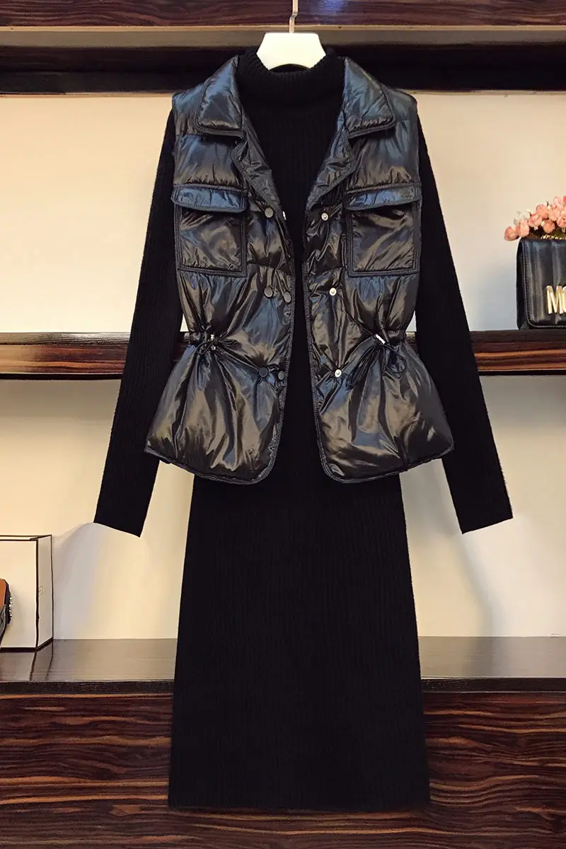 

Fashion Notched Cotton Padded Vest Jacket Set Plus Size Women's Autumn And Winter Slim Waistcoat + Dress Two Piece Suit y791