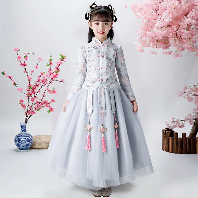 

Girl's Chinese Style Embroidery Dress For wedding party Evening birthday Plush Warm Dresses the first dress vestidos de fiest