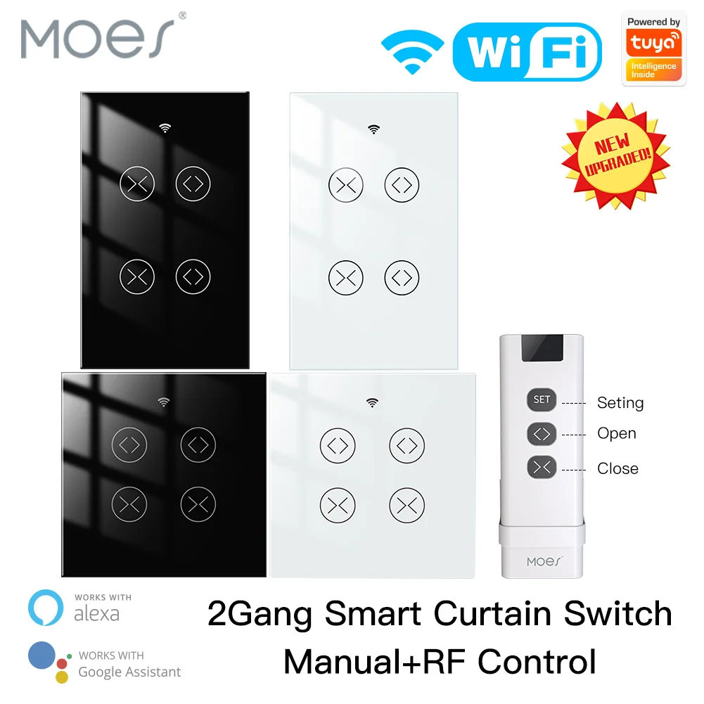 

Moes Tuya Smart Life WiFi RF 2 Gang Double Curtain Blind Switch for Roller Shutter Electric Motor With Google Home Alexa