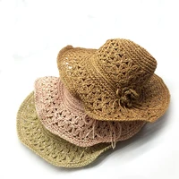 girls handmade floppy straw hat floral band summer foldable panama straw hat sun cap women beach flat brim pink straw hat