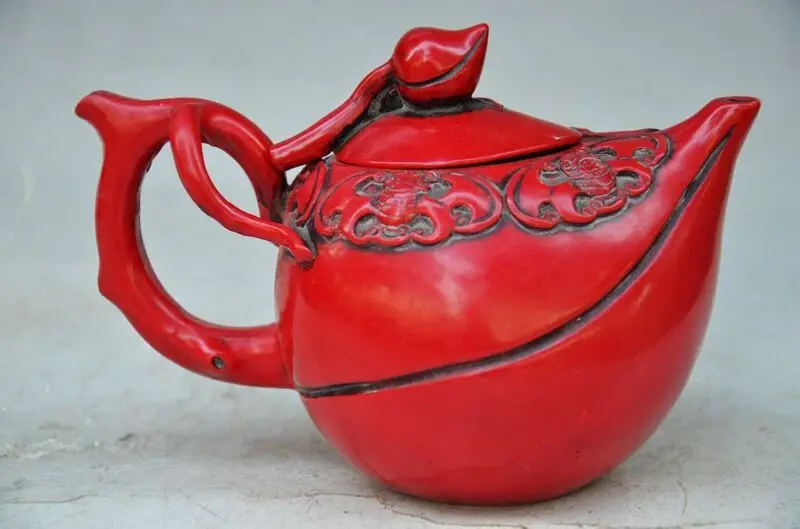 

Изысканный китайский красный коралл ручная работа резная летучая мышь и листья чайник коллекция домашнего декора украшения