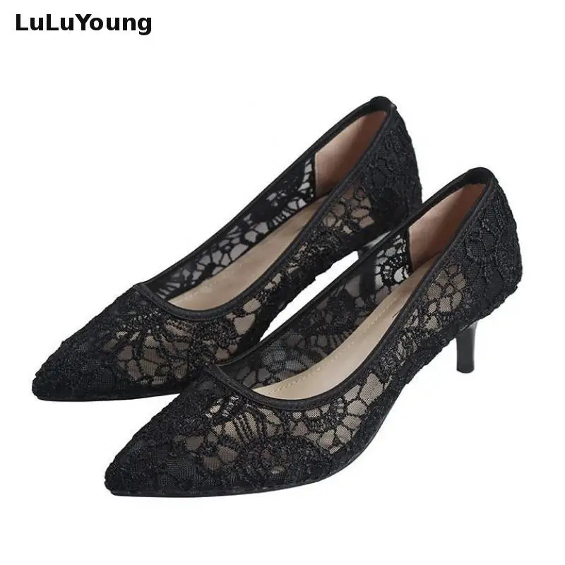 Женские туфли кружевные свадебные на высоком каблуке сетчатые с острым носком 5