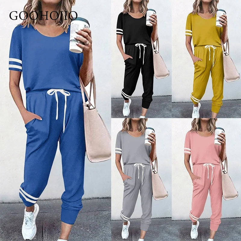 

Новинка 2021, весенне-осенняя спортивная одежда GOOHOJIO, подходящие комплекты, женские шикарные комплекты с коротким рукавом для женщин, женские...