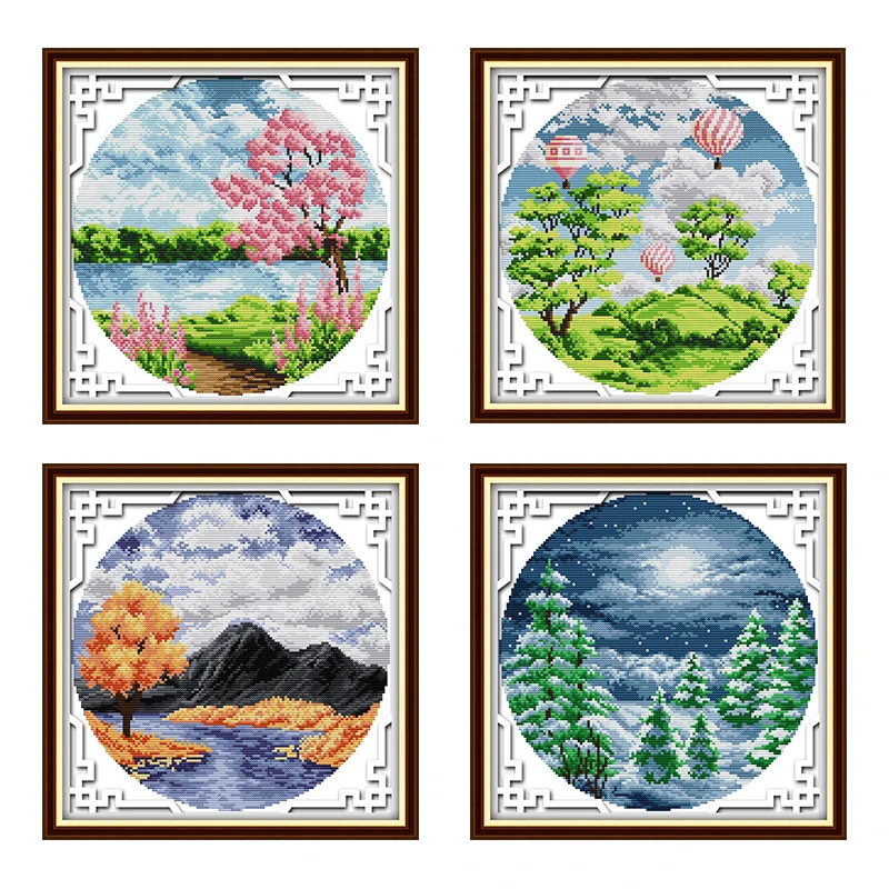 

River Valley Four Seasons Cross Stitch Embroidery Kit Printed Fabric Canva Counted Stamped 11CT 14CT Needlework Set Craft Thread