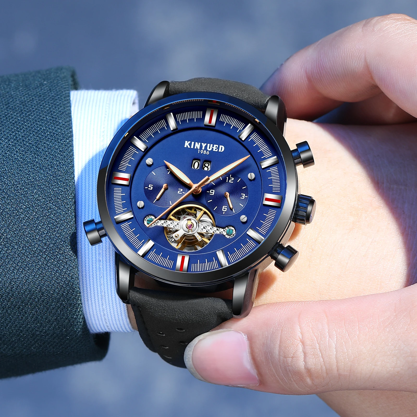 

KINYUED New Luxury Tourbillon Men Military Sport Watches Skeleton Automatic Mechanical Watch Male Multifunction Waterproof Clock