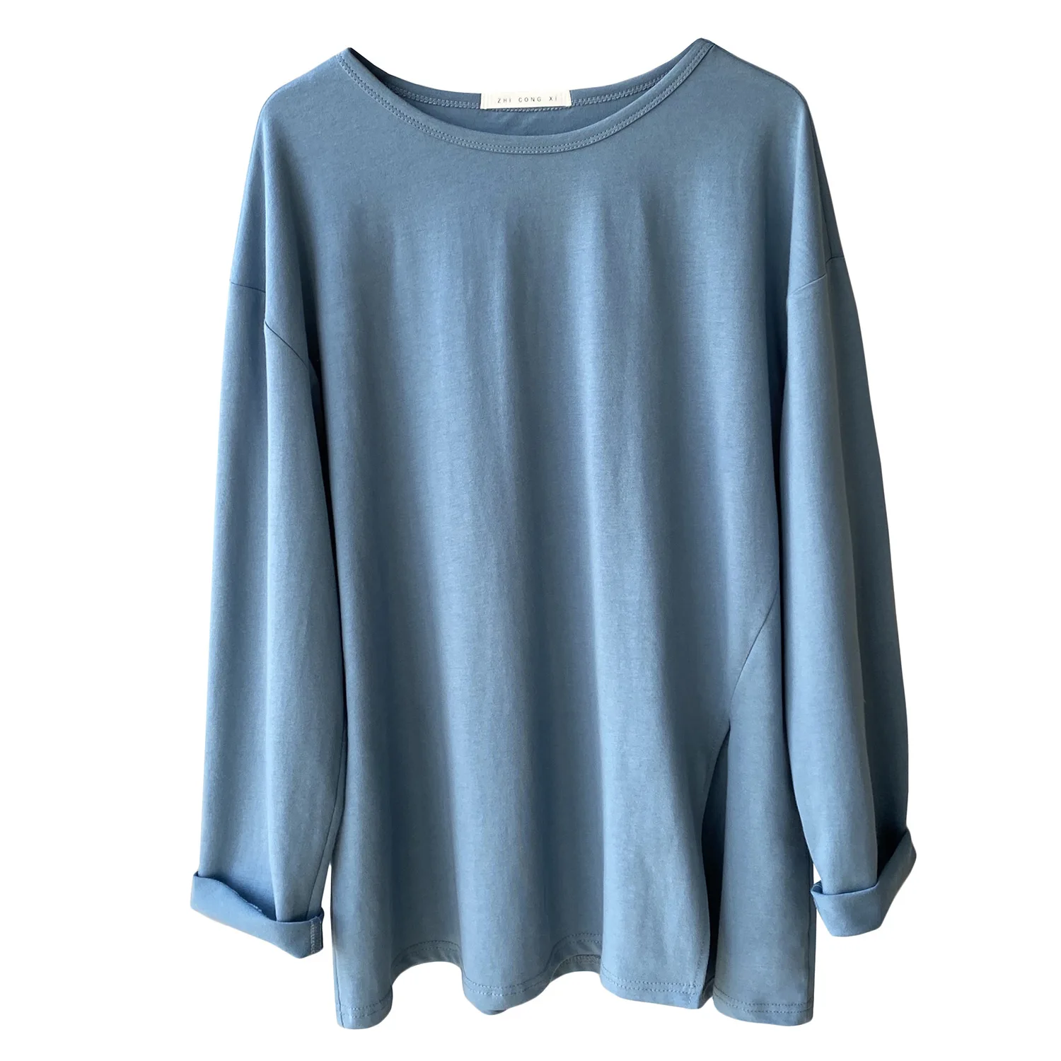 

Yeeloca Split Round Neck Long Sleeve T-shirt Women's Spring Korean Loose Solid Color Pullovers Casual Base Top