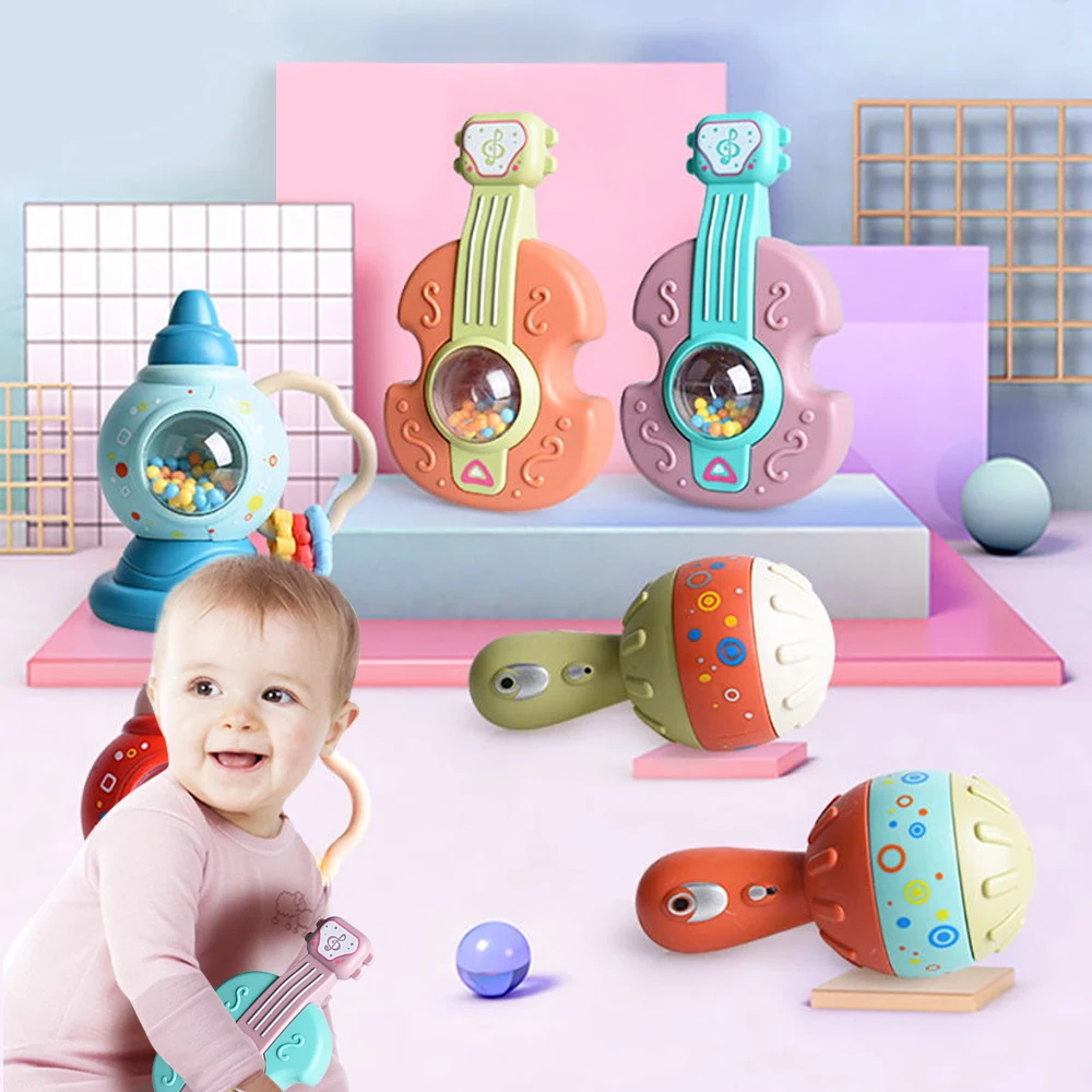 

0 12M Baby Teether Rattle Toys Guitar Horn Sand Hammer Rattles Hand Bells Infant Weep Tear Rattles Newborn Early Educational Toy