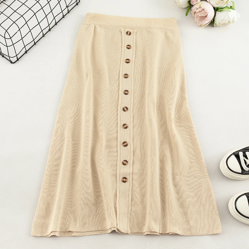 SINGRAIN популярная вязаная женская юбка трапециевидной формы с пуговицами длинные