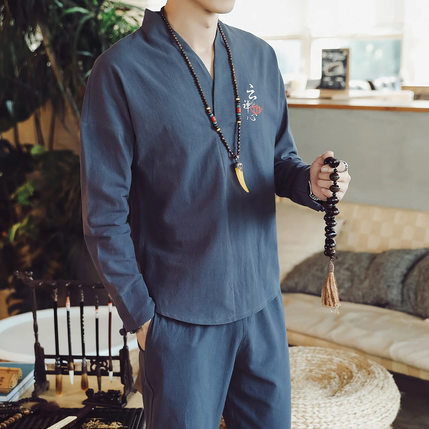 Костюм в китайском стиле для мужчин приталенный костюм Хань Тан из хлопка и льна